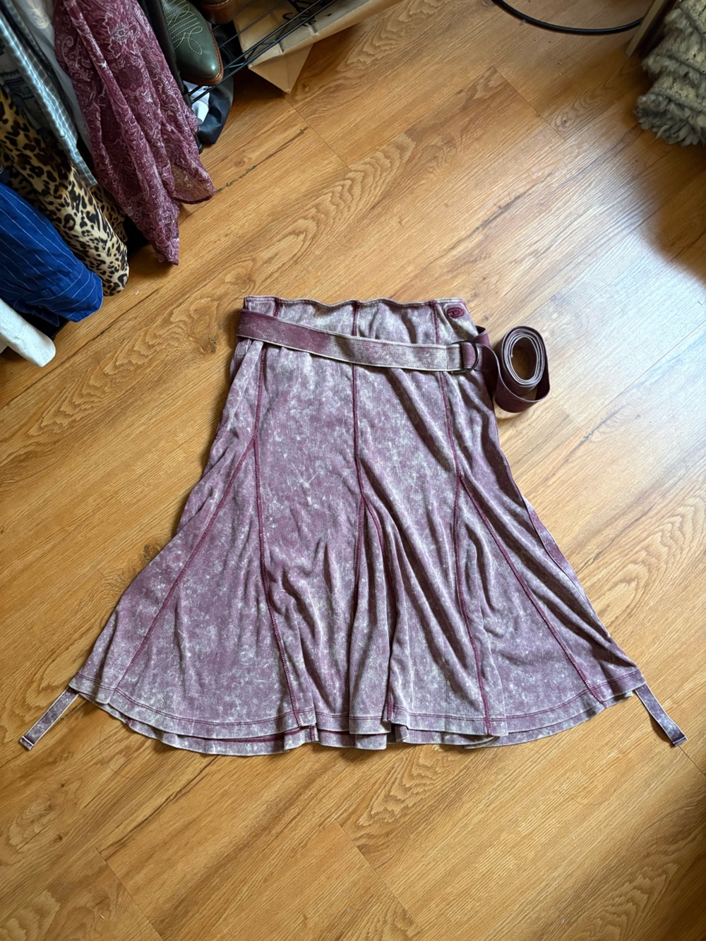 Diesel Ribbed Burgundy Midi Skirt with Attached Belt